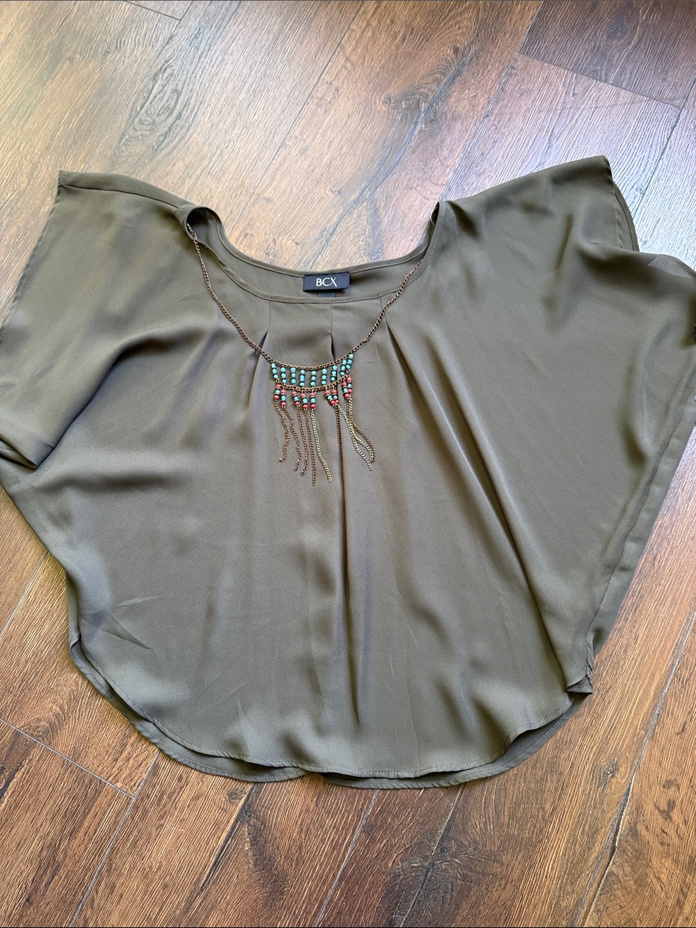 BCX Olive Green Blouse with Beaded Fringe Detail